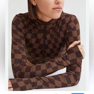 Divided H&M Cropped Top Zip Down Thumbholes High Collar Brown Medium Fitted